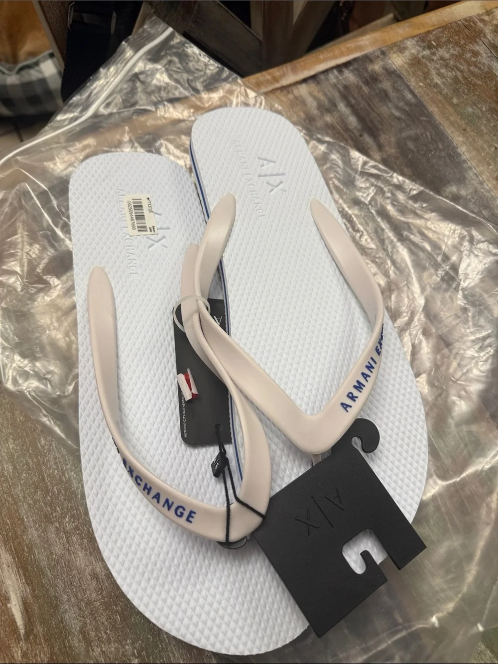 Armani Exchange White Flip Flops with Cream Straps and Navy Logo